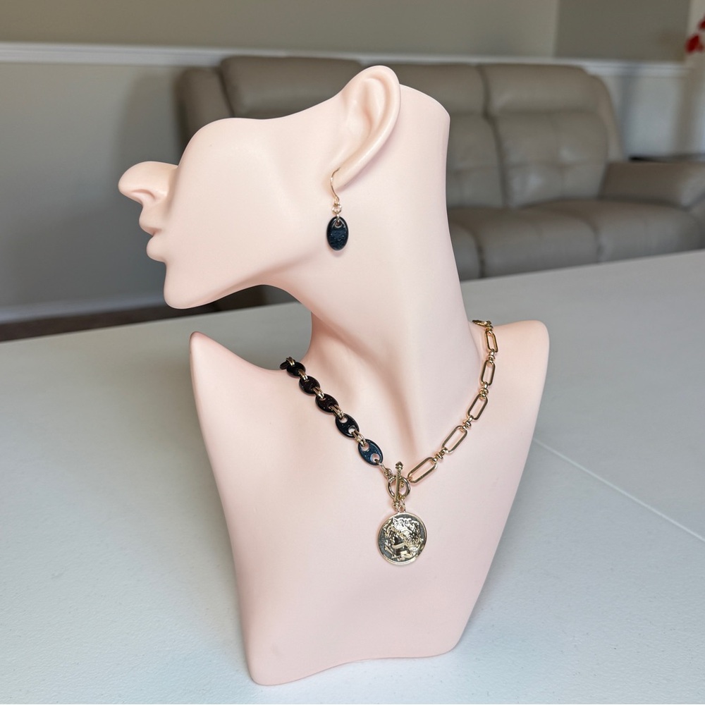 Gold and Black Chain Link Coin Necklace with Matching Drops Earrings